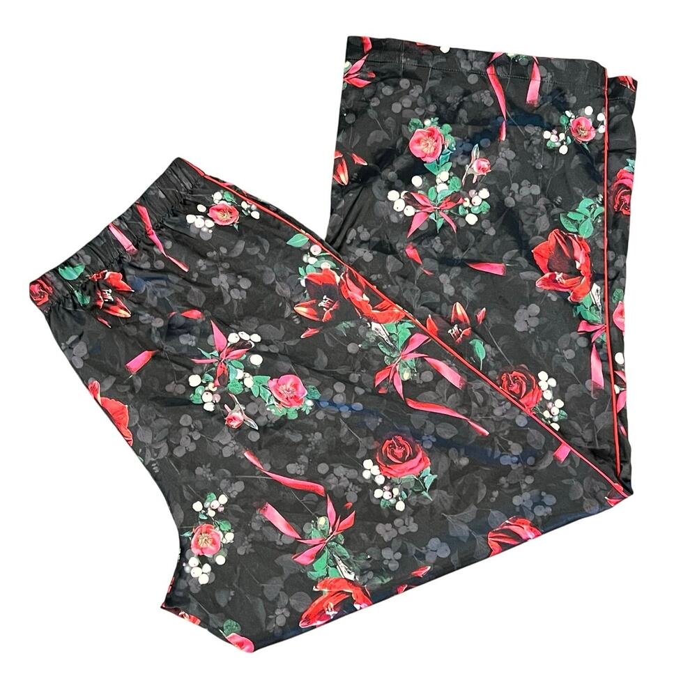 Victoria's Secret Satin Pajama Pants Women's Sz L Black Red Floral Roses Ribbon